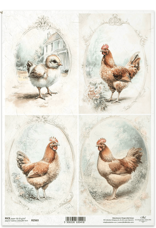 A4 Rustic Vintage HEN Quad Decoupage Paper R2563 - Decoupage Central