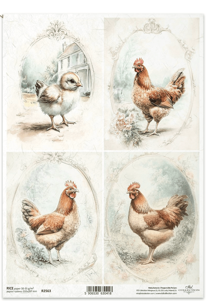 A4 Rustic Vintage HEN Quad Decoupage Paper R2563 - Decoupage Central
