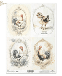 A4 Rustic Vintage ROOSTER Quad Decoupage Paper R2562 - Decoupage Central