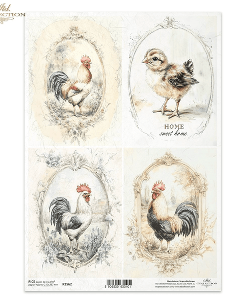 A4 Rustic Vintage ROOSTER Quad Decoupage Paper R2562 - Decoupage Central