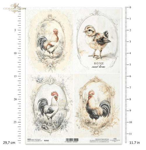 A4 Rustic Vintage ROOSTER Quad Decoupage Paper R2562 - Decoupage Central