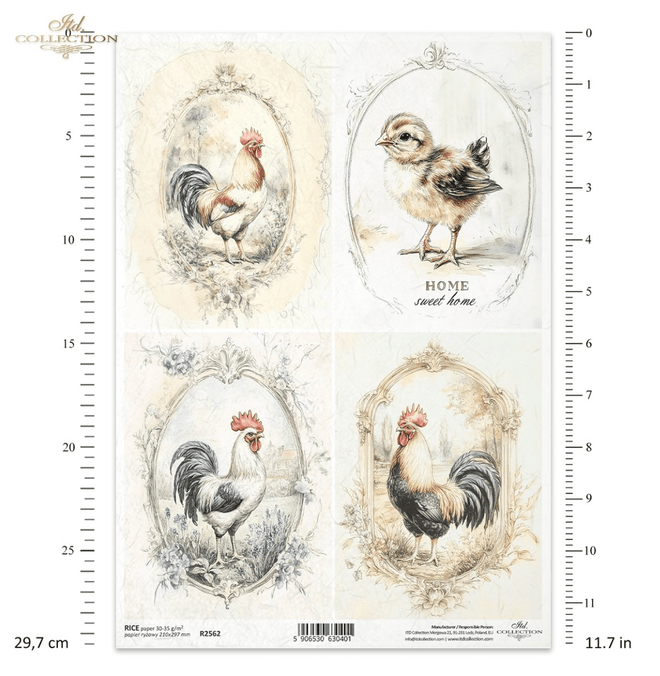 A4 Rustic Vintage ROOSTER Quad Decoupage Paper R2562 - Decoupage Central