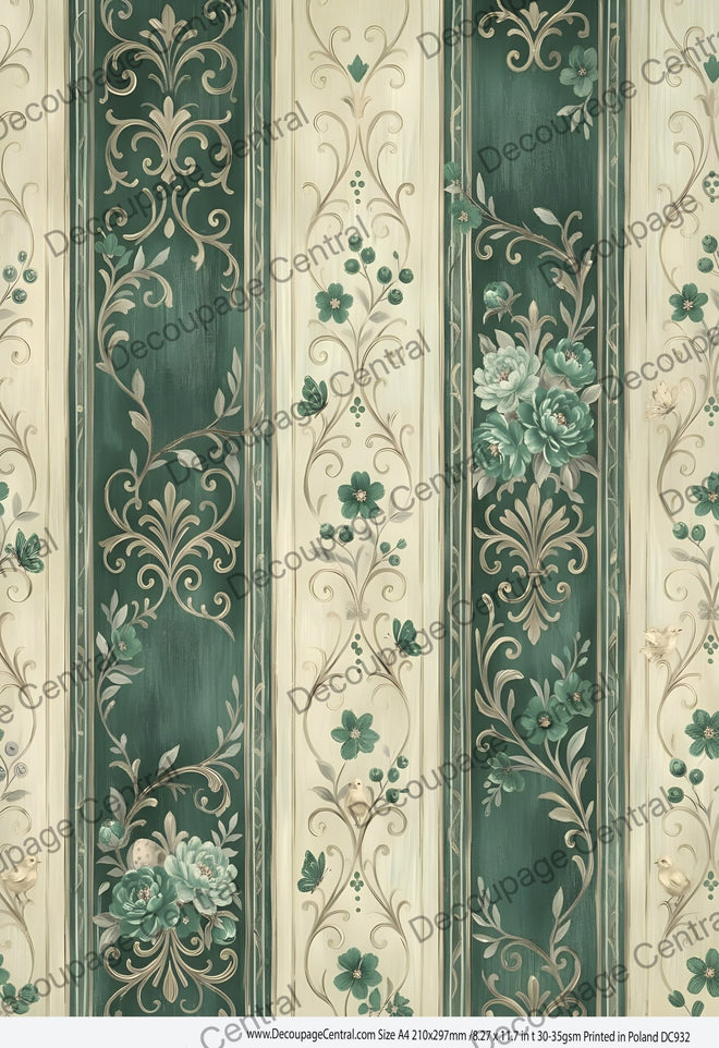 A4 Sage & Cream Parlor Stripes Rice Paper DC932 - Decoupage Central
