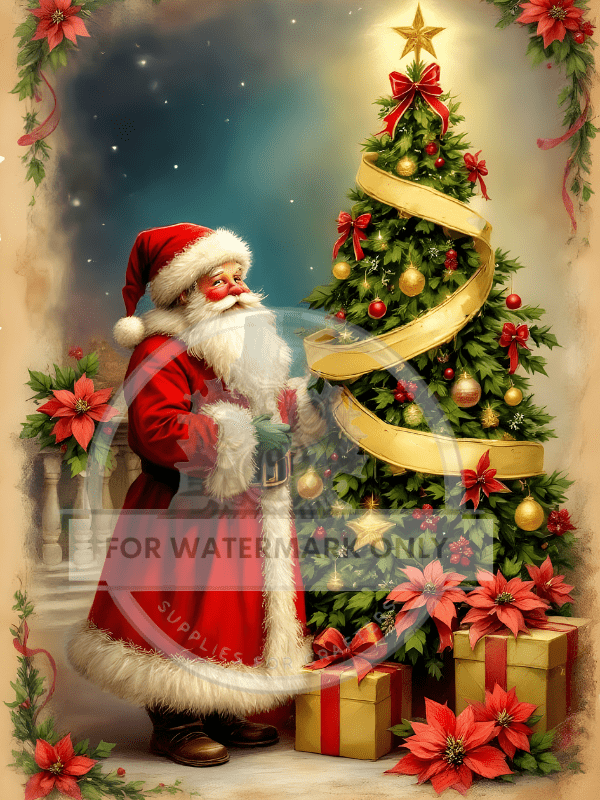 A4 Santa's Golden Christmas Tree Rice Paper DC824 - Decoupage Central