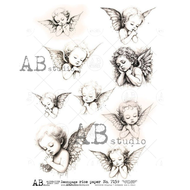 A4 Sepia Angels at Rest Multi Rice Paper for Decoupage AB Studios 7159 - Decoupage Central