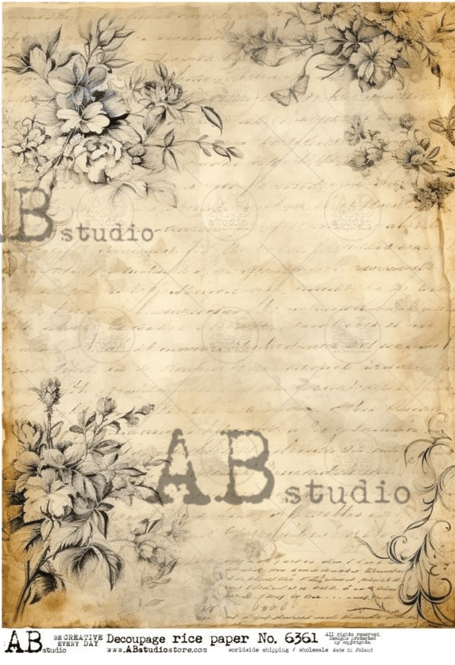A4 Sepia Letter Flowers Rice Paper Background AB Studios 6361 - Decoupage Central