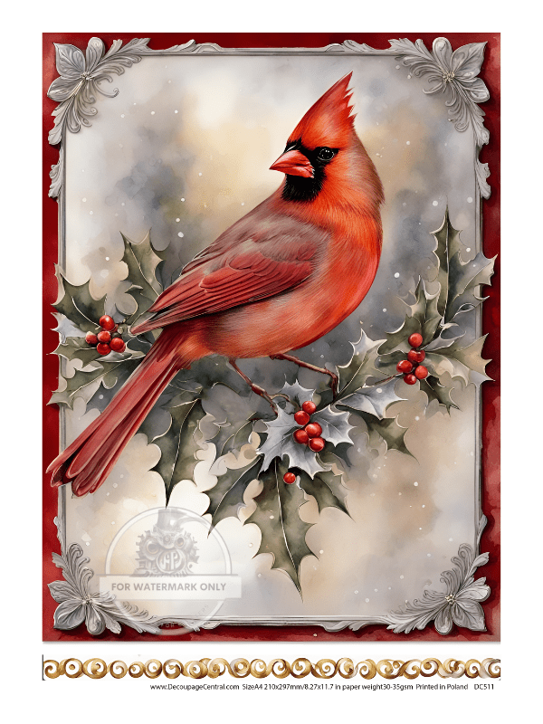A4 Silver Cardinal Rice Paper DC511 - Decoupage Central