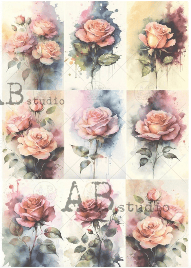 A4 Single Rose, 9 designs, Rice Paper, AB Studios 1384 - Decoupage Central