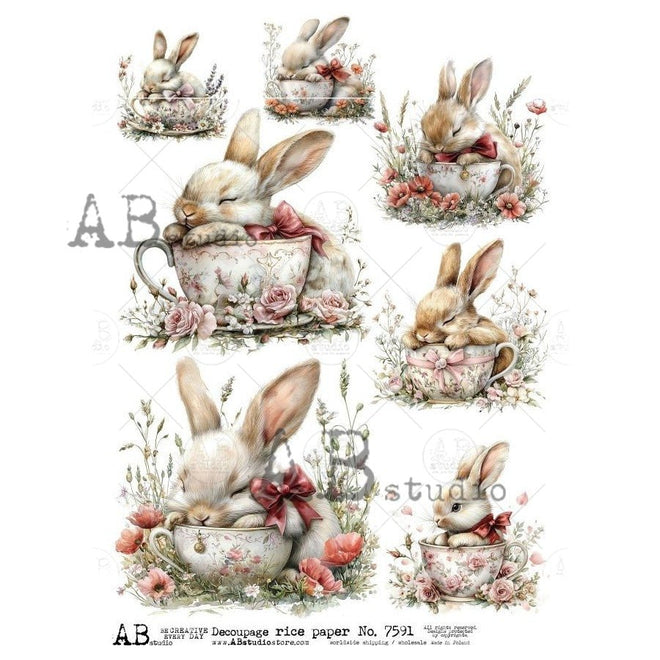 A4 Sleepy Teacup Bunnies Rice Paper AB Studios 7591 - Decoupage Central