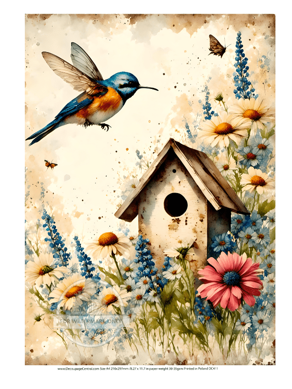 A4 Spring Birdhouse Rice Paper DC411 - Decoupage Central