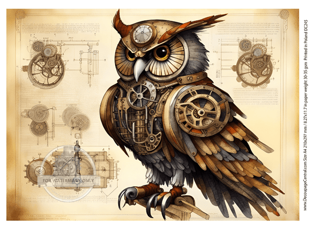 A4 Steampunk Owls Decoupage Rice Paper DC245 - Decoupage Central