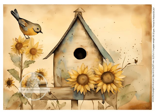 A4 Sunflower Birdhouse Decoupage Rice Paper DC257 - Decoupage Central
