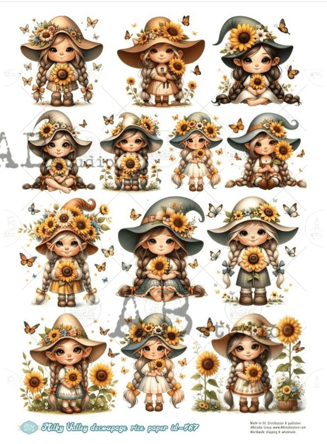 A4 Sunflower Girls Milky Valley ID 567 - Decoupage Central