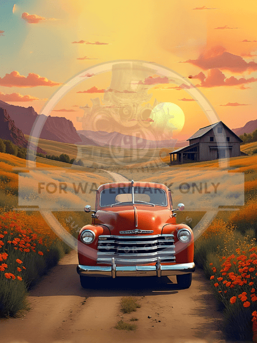 A4 Tangerine Truck Sunset Rice Paper DC566 - Decoupage Central