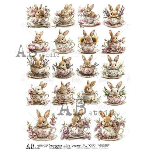 A4 Teacup Bunny Parade Rice Paper AB Studios 7590 - Decoupage Central