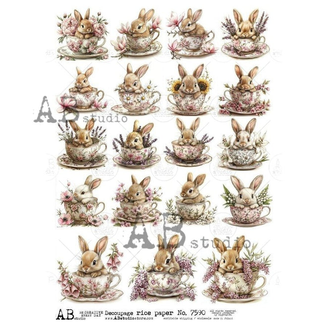 A4 Teacup Bunny Parade Rice Paper AB Studios 7590 - Decoupage Central