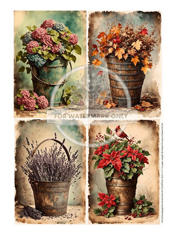 A4 The Old Bucket 4 Seasons Quad Rice Paper DC526 - Decoupage Central