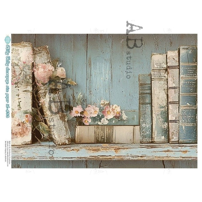 A4 The Rustic Blue Bookshelf Milky Valley ID633 - Decoupage Central