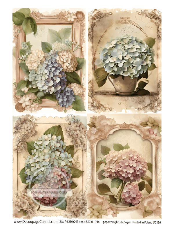 A4 Victorian Hydrangeas Rice Paper DC196 - Decoupage Central
