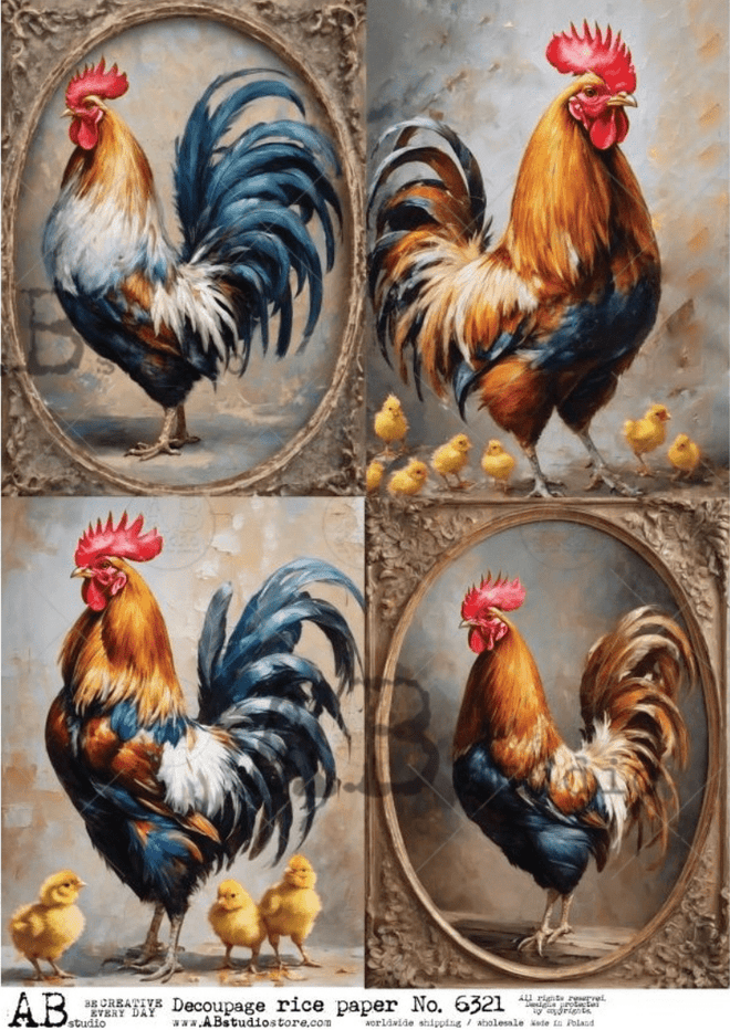 A4 Vintage Rooster Quad AB Studios 6321 - Decoupage Central