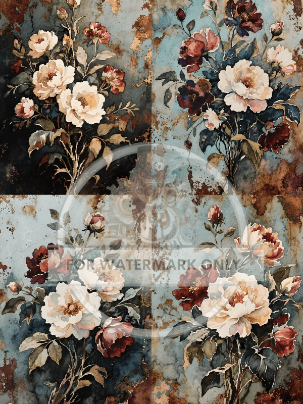 A4 Vintage Winter Florals Rice Paper DC866 - Decoupage Central