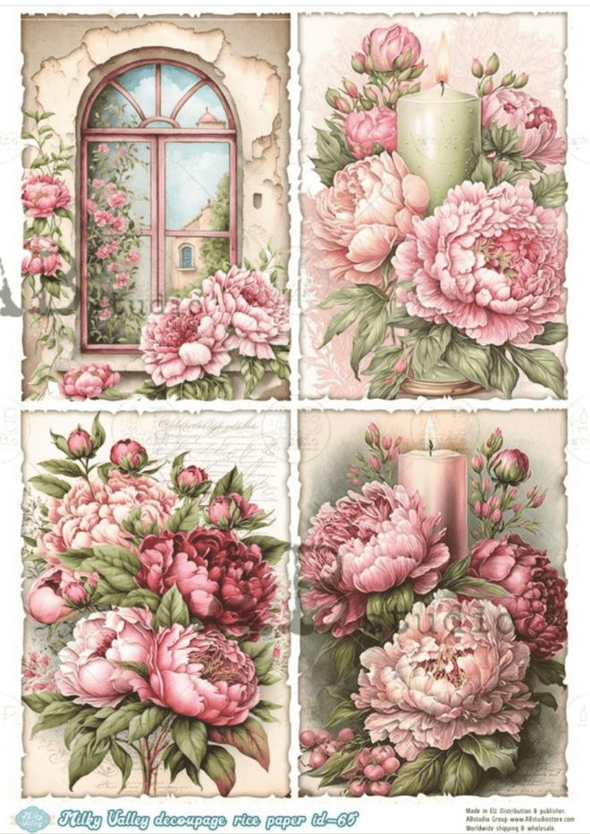A4 Watercolor Peony Multi Rice Paper AB Studios ID65 - Decoupage Central