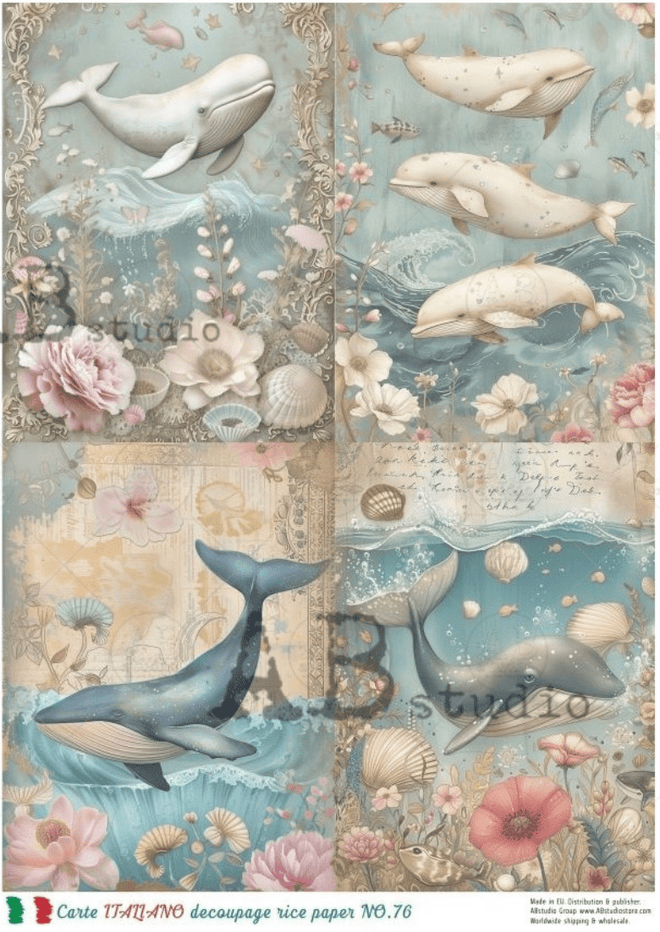 A4 Watercolor Whales Carte Italiano 76 - Decoupage Central