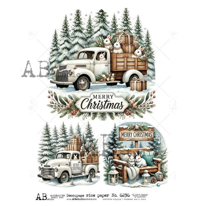 A4 White Christmas Truck Trio AB Studios 6236 - Decoupage Central
