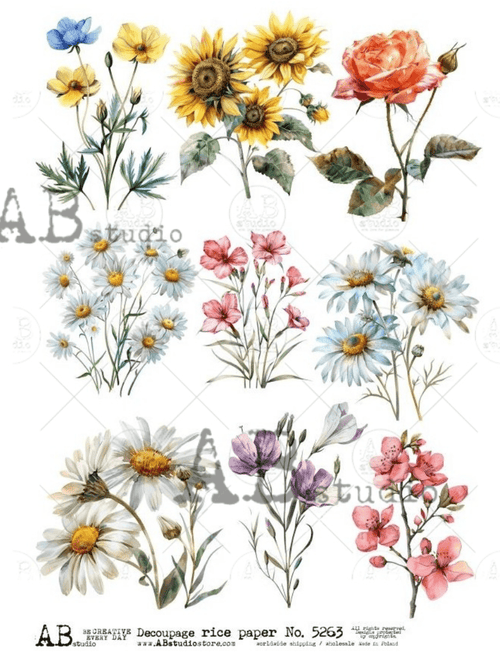 A4 Wildflower Rice Paper, AB Studios ID5263 - Decoupage Central