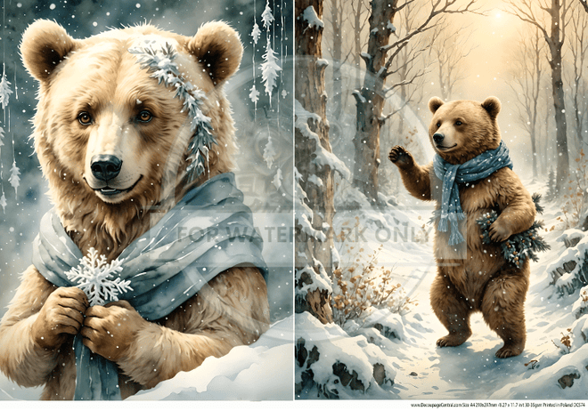 A4 Winter Bear Duo Rice Paper DC574 - Decoupage Central