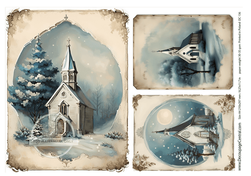 A4 Winter Church Rice Paper DC136 - Decoupage Central