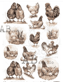 AB Studios A3 3725 SEPIA Roosters and Chickens Rice Paper - Decoupage Central