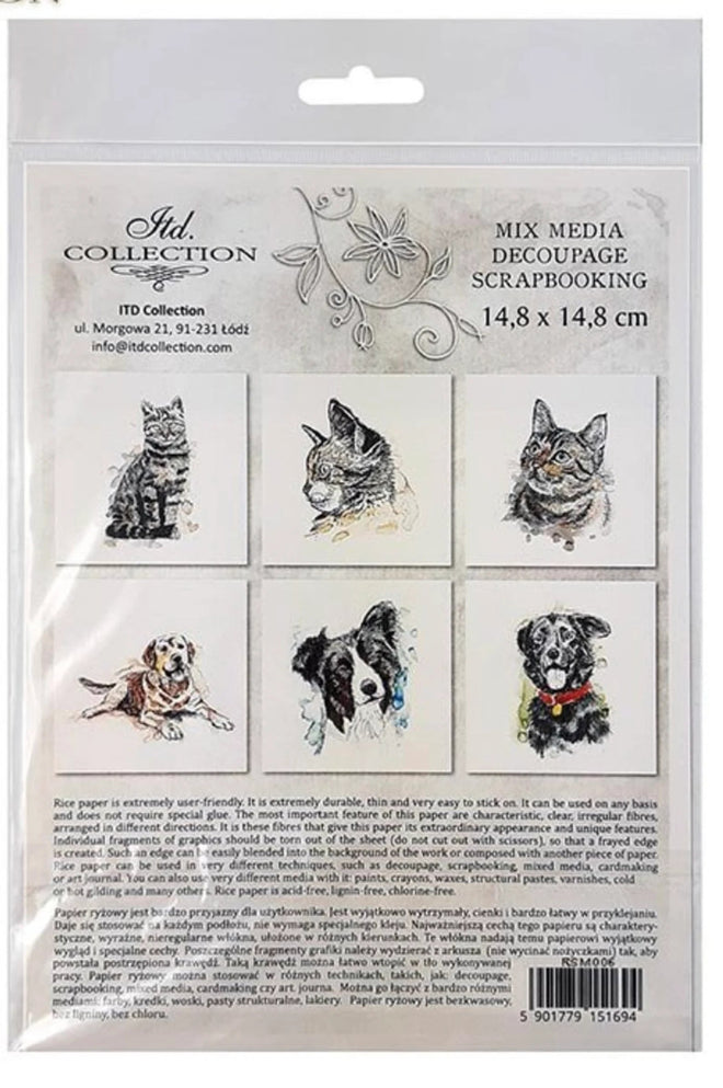 Cat and Dog, ITD Mini Decoupage Set: 5.8 inch/6 pages - Decoupage Central