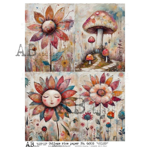 A4 Enchanted Blooms and Mushrooms Quad Rice Paper AB Studios 6808