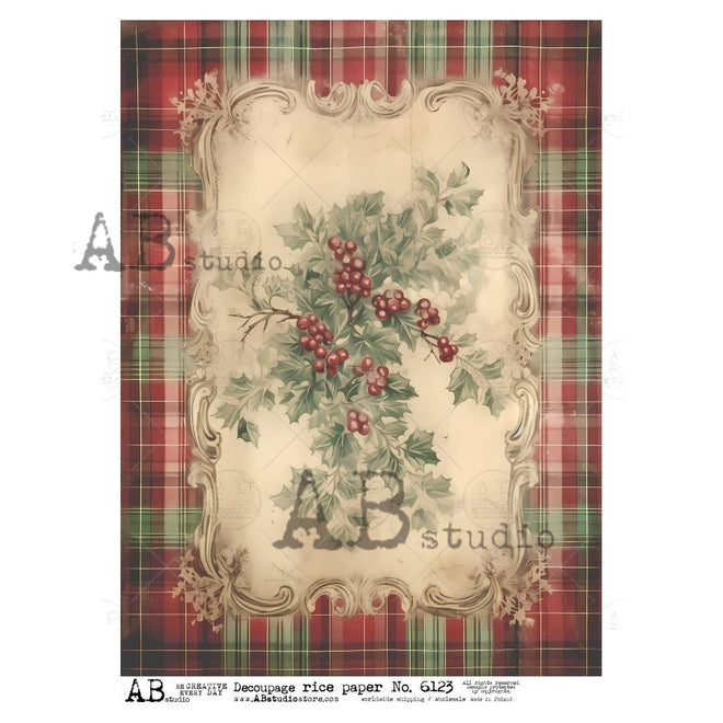 A4 Holly Berry Plaid  Rice Paper for Decoupage AB Studios 6123