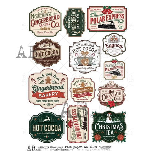 A4  Christmas Labels Rice Paper for Decoupage AB Studios 6191