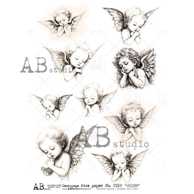 A4 Sepia Angels at Rest Multi Rice Paper for Decoupage AB Studios 7159