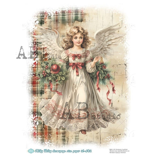 A4 Milky Plaid Tidings Angel Rice Paper for Decoupage AB Studios Millky 842