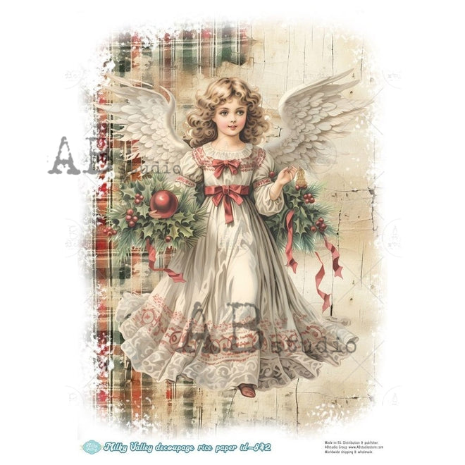 A4 Milky Plaid Tidings Angel Rice Paper for Decoupage AB Studios Millky 842