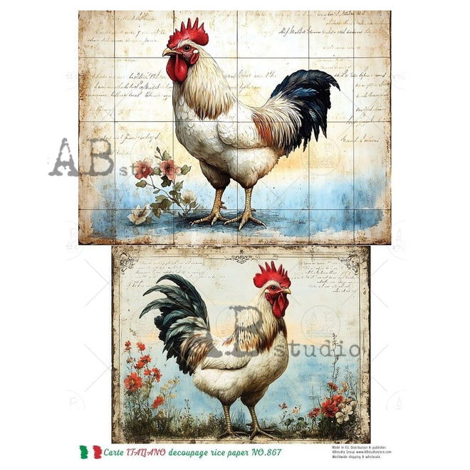 A4 Carte 867 Farmhouse Rooster Panel Rice Paper
