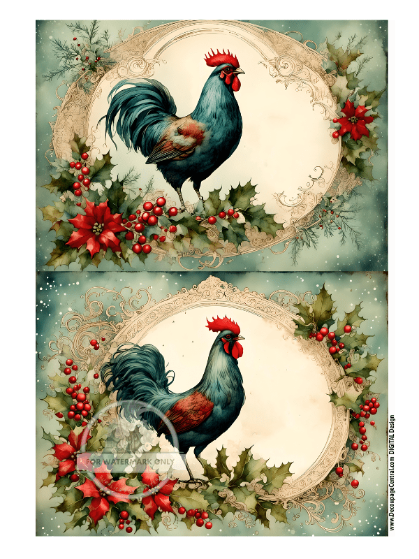 DIGITAL IMAGE: Christmas Rooster Duo Instant Download - Decoupage Central