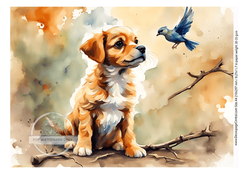 DIGITAL IMAGE: Pup and Bird Instant Download - Decoupage Central