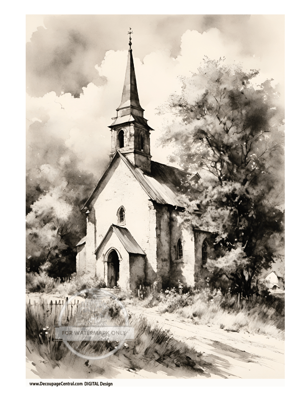 DIGITAL IMAGE: Sepia Church Instant Download - Decoupage Central