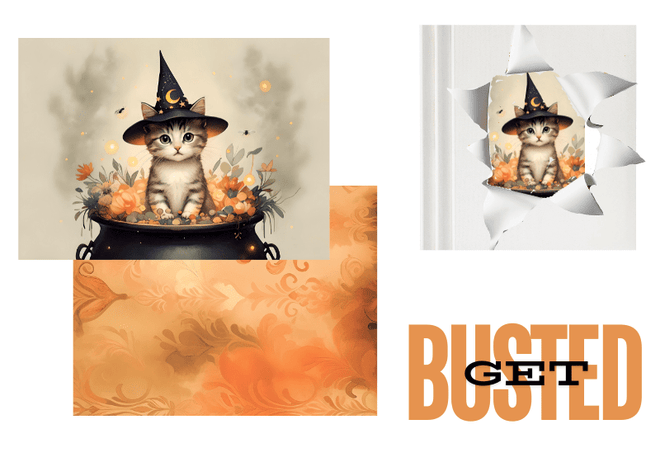 DIGITAL IMAGE SET : BUSTED The Halloween Cat Set (2 pages including a main design/ background) - Decoupage Central