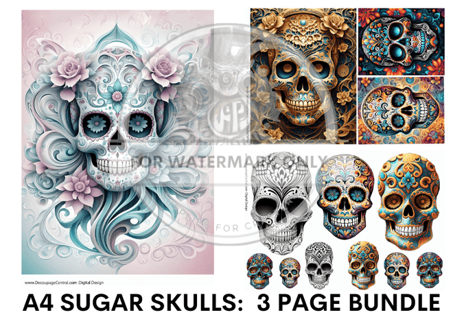 DIGITAL IMAGE: SUGAR SKULL BUNDLE: ALL 3 PAGES Instant Download - Decoupage Central
