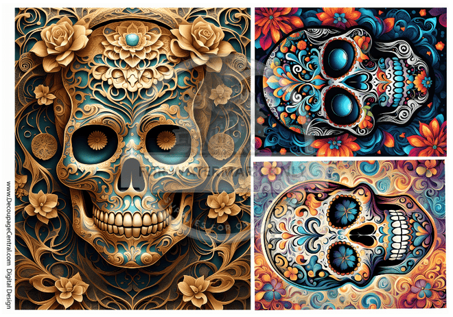 DIGITAL IMAGE: SUGAR SKULL BUNDLE: ALL 3 PAGES Instant Download - Decoupage Central