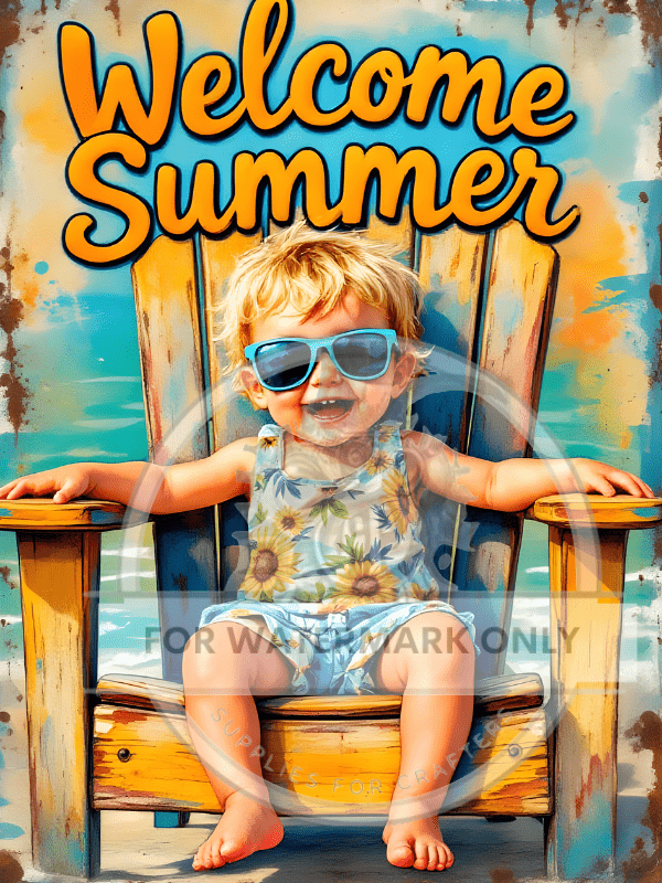 DIGITAL IMAGE: Welcome Summer Kid In Beach Chair - Decoupage Central