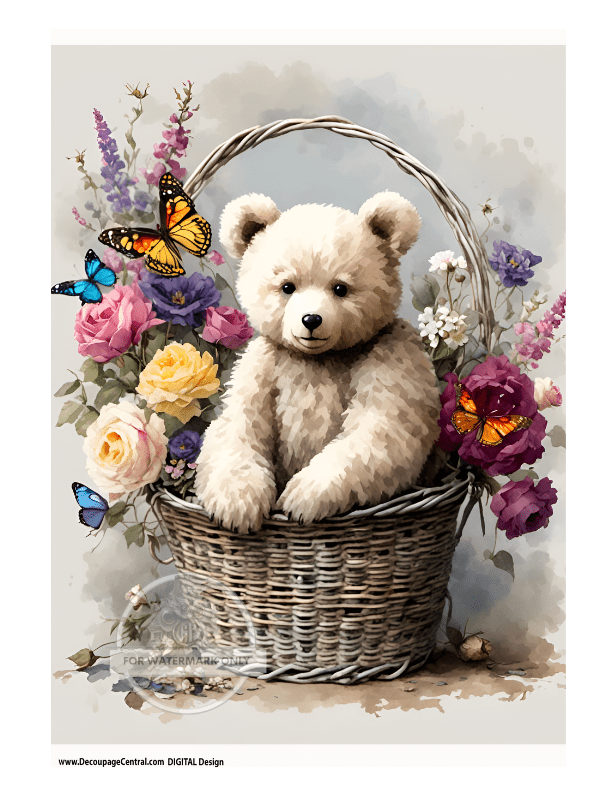 DIGITAL IMAGE:Bear in A Basket Instant Download - Decoupage Central