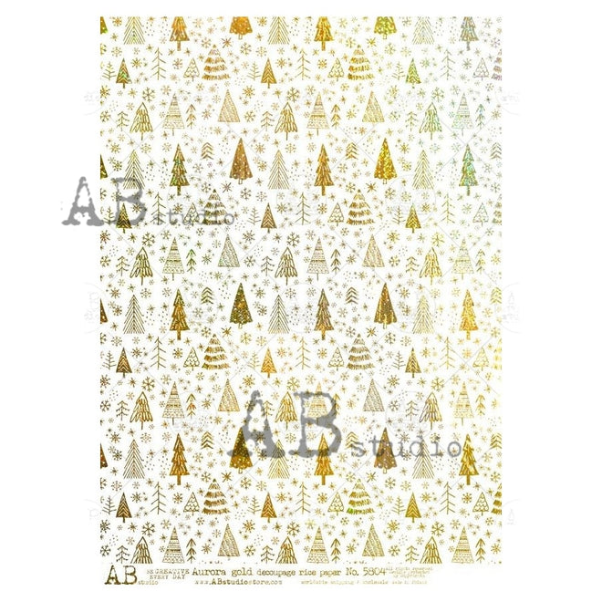 A4 Metaillic GOLD Christmas Trees Rice Paper, AB Studios 5804,  Gilded GOLD Foil Look!