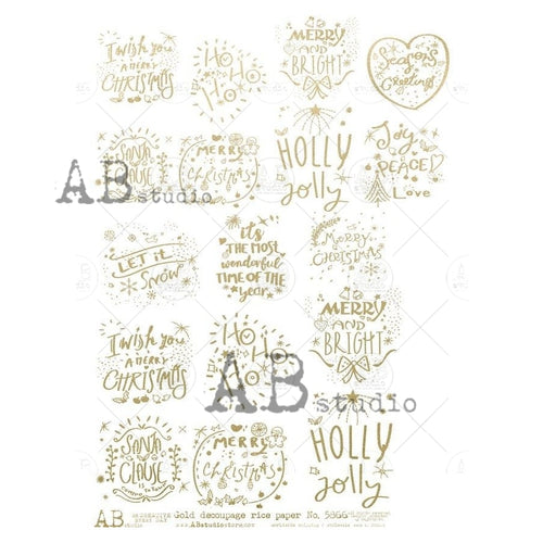 A4 Metaillic Gold Christmas Sayings Rice Paper, AB Studios 5866 .  Gilded Gold Foil Look!